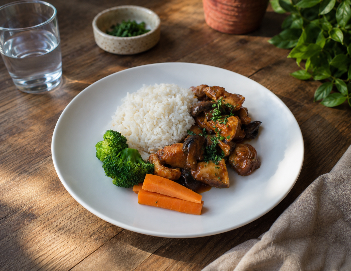 Lewis' chicken Marengo with rice and vegetables, plated and ready to enjoy